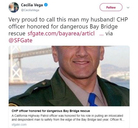 Celicia Vega posting about her husband brave work on Twitter